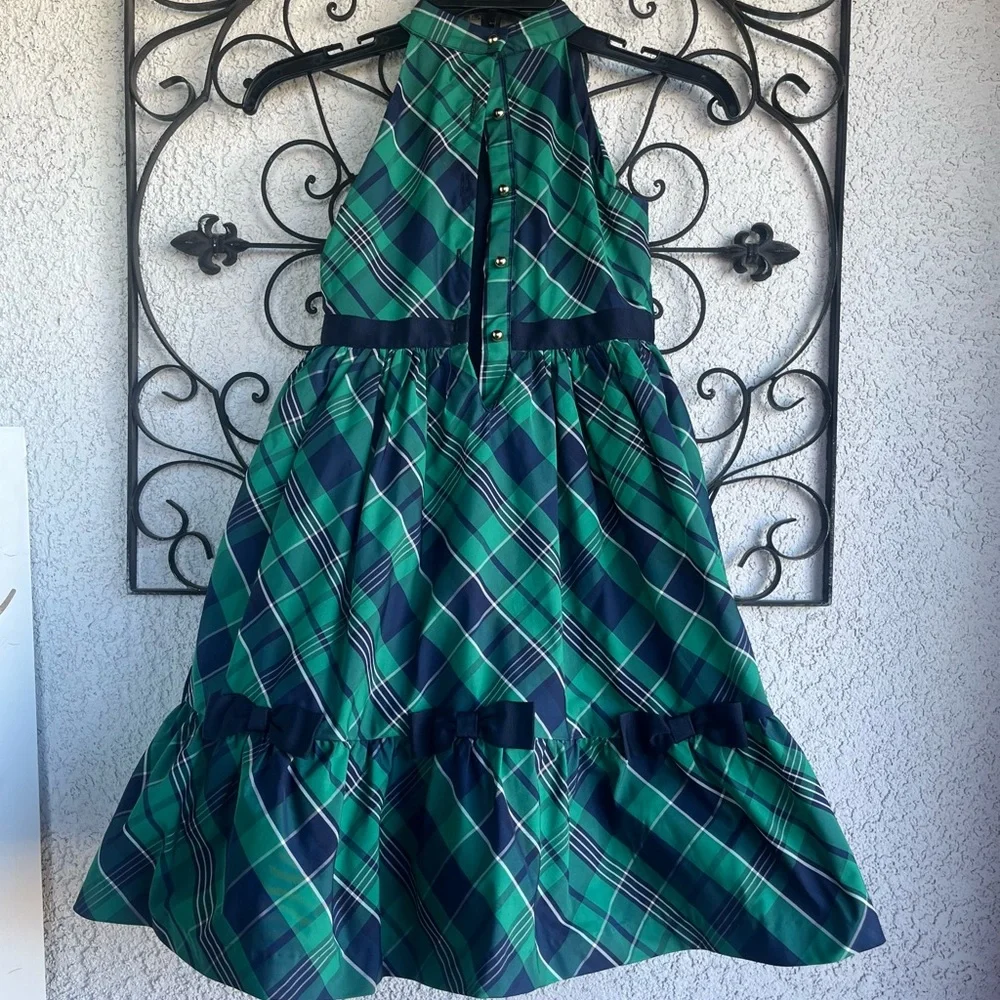 Janie and Jack Girls Ferry Green Plaid Bow Dress- size 7
